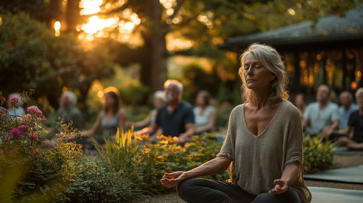 Жінка зрілого віку займається йогою в спокійній позі лотоса, демонструючи гармонію та внутрішній спокій